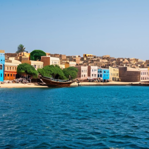 **

"A panoramic view of Gorée Island, Senegal, from the sea. The colorful houses of the town are visible along the coastline. In the foreground, a weathered wooden 'Door of No Return' stands prominently. The ocean stretches to the horizon under a bright sky. fully clothed people are walking respectfully near the door. Safe for work, appropriate content, fully clothed, professional, perfect anatomy, correct proportions, natural pose, high quality, professional photography, family-friendly."

**