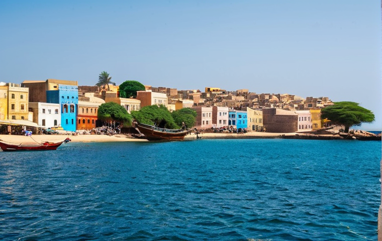 **

"A panoramic view of Gorée Island, Senegal, from the sea. The colorful houses of the town are visible along the coastline. In the foreground, a weathered wooden 'Door of No Return' stands prominently. The ocean stretches to the horizon under a bright sky. fully clothed people are walking respectfully near the door. Safe for work, appropriate content, fully clothed, professional, perfect anatomy, correct proportions, natural pose, high quality, professional photography, family-friendly."

**