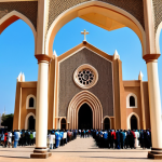 Architectural Blend & Faith**

"Majestic view of the Cathédrale du Souvenir Africain in Dakar, Senegal. The architecture showcases a unique blend of African and European styles with geometric patterns and Gothic arches. Daytime, clear sky. A symbol of faith and resilience. fully clothed people in the background, attending a service. Safe for work, appropriate content, fully clothed, perfect anatomy, natural proportions, professional photography, high quality, modest."

**