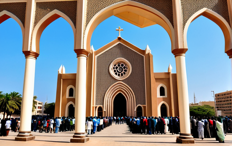 Architectural Blend & Faith**

"Majestic view of the Cathédrale du Souvenir Africain in Dakar, Senegal. The architecture showcases a unique blend of African and European styles with geometric patterns and Gothic arches. Daytime, clear sky. A symbol of faith and resilience. fully clothed people in the background, attending a service. Safe for work, appropriate content, fully clothed, perfect anatomy, natural proportions, professional photography, high quality, modest."

**