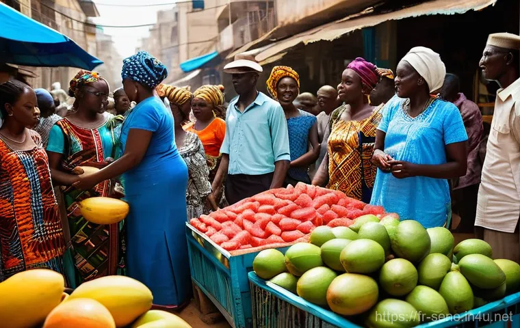 세네갈에서 가장 큰 시장 - **A vibrant, bustling street scene at the heart of Marché Sandaga in Dakar, Senegal.**
    *   **Sub...