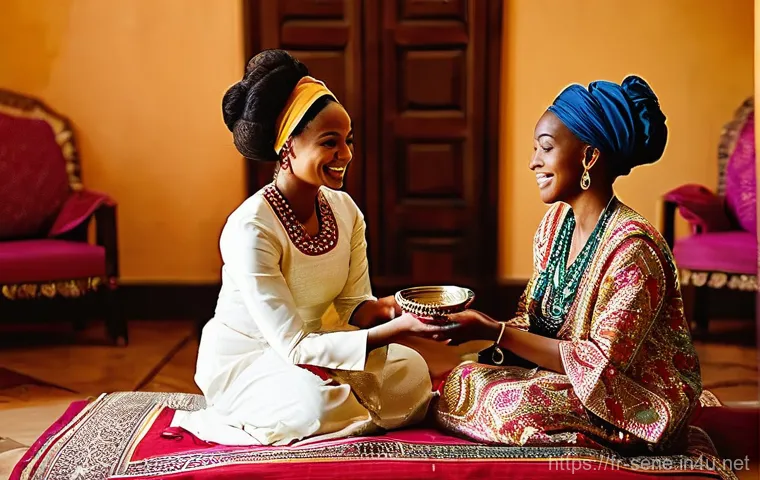 세네갈 결혼 풍습 - **Prompt 1: The Bridal Beauty Ritual (Ngalam)**
    "A serene young Senegalese bride-to-be, modestly...