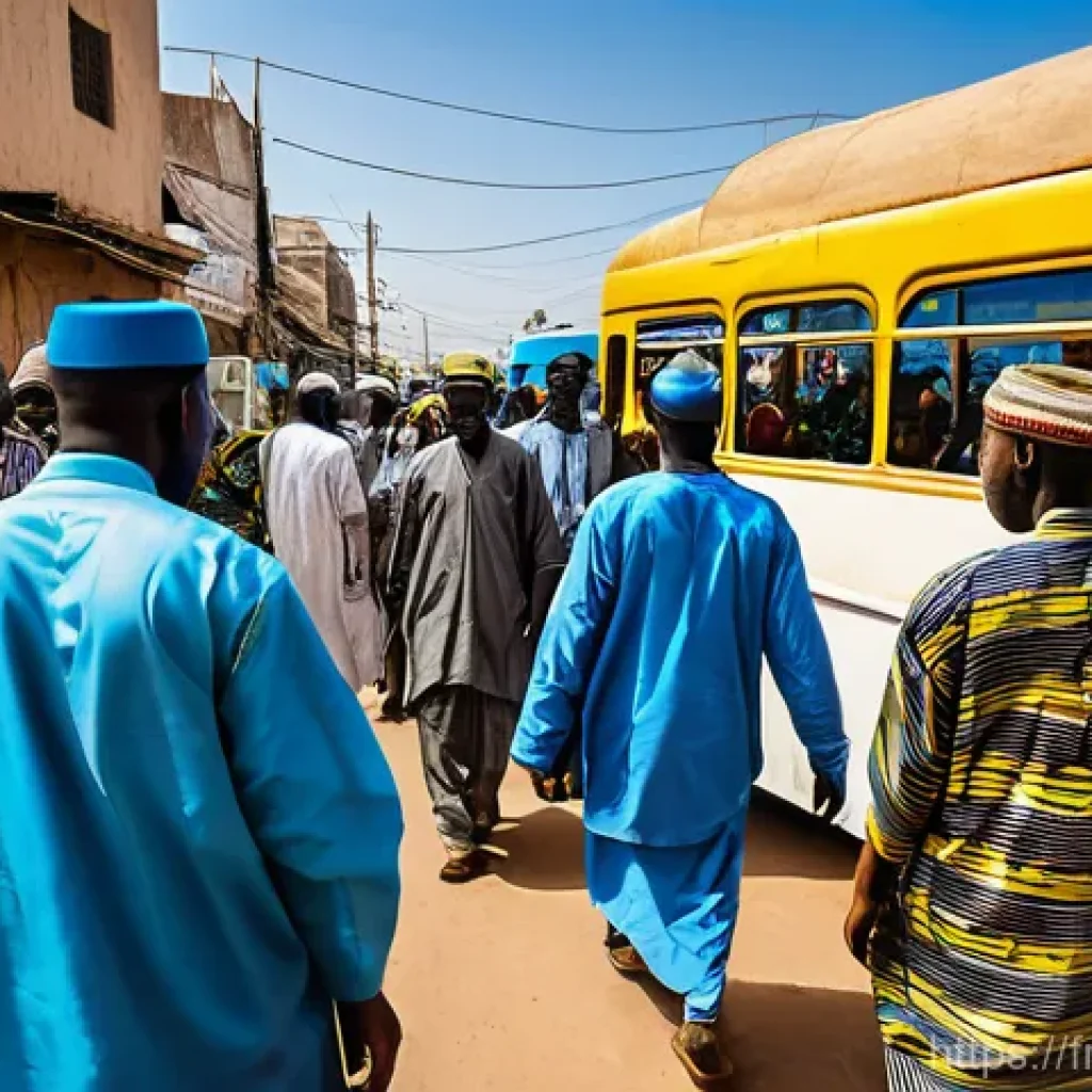 세네갈 이슬람 문화 - **Prompt:** A bustling, vibrant street scene in Dakar, Senegal, capturing the profound spiritual inf...