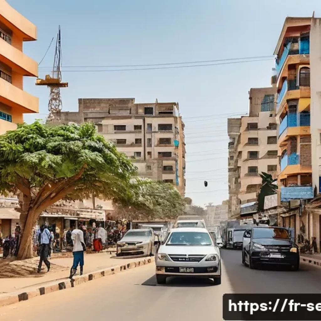 세네갈 부동산 투자 - A vibrant urban scene in Dakar showcasing modern high-rise apartment buildings in Almadies district,...