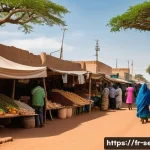세네갈에서 로컬 경험하기 - A vibrant street scene in Dakar featuring a bustling local market with colorful stalls overflowing w...
