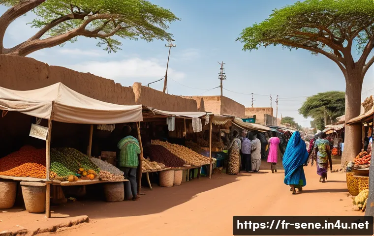세네갈에서 로컬 경험하기 - A vibrant street scene in Dakar featuring a bustling local market with colorful stalls overflowing w...