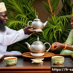 세네갈 차 아타야 - A traditional Senegalese tea ceremony scene featuring a sturdy metal teapot with intricate engraved ...
