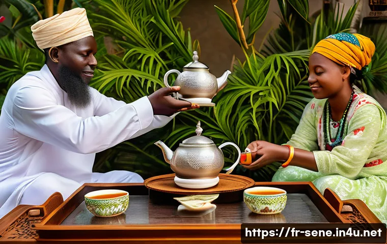 세네갈 차 아타야 - A traditional Senegalese tea ceremony scene featuring a sturdy metal teapot with intricate engraved ...