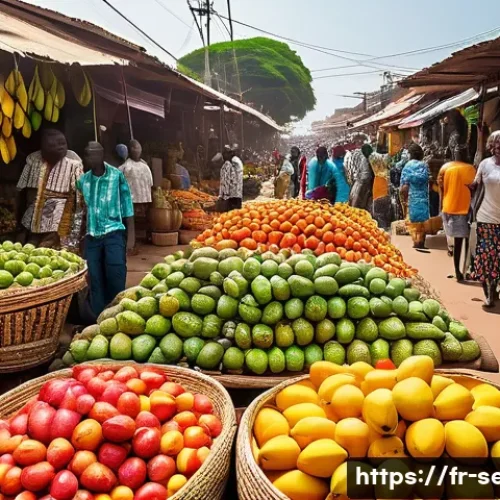 세네갈의 특산물 - A vibrant Senegalese market scene under bright sunlight, featuring colorful stalls overflowing with ...
