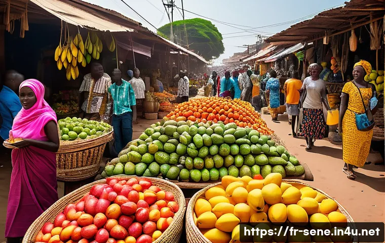 세네갈의 특산물 - A vibrant Senegalese market scene under bright sunlight, featuring colorful stalls overflowing with ...