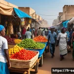 세네갈에서 피해야 할 장소 - A vibrant and bustling outdoor market scene in Dakar, Senegal, at early morning light. The market is...