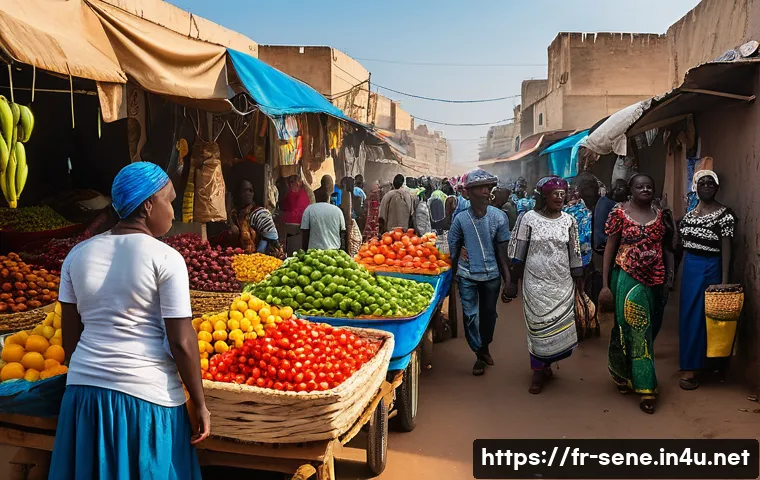 세네갈에서 피해야 할 장소 - A vibrant and bustling outdoor market scene in Dakar, Senegal, at early morning light. The market is...