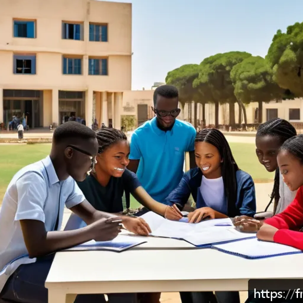 세네갈과 프랑스 관계 - A vibrant university campus scene in Dakar showcasing diverse Senegalese and French students engaged...