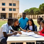 세네갈과 프랑스 관계 - A vibrant university campus scene in Dakar showcasing diverse Senegalese and French students engaged...