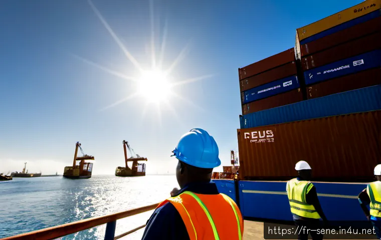 세네갈과 유럽의 관계 - Photorealistic wide-angle scene at the Port of Dakar, Senegalese and European shipping containers be...