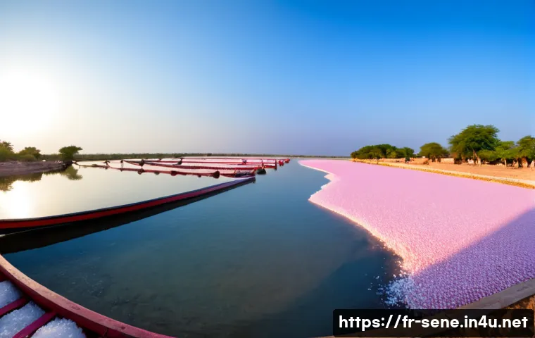 Home 17 핑크 레이크 레트바 호수 - Photorealistic panoramic view of Lake Retba in Senegal, vividly pink saltwater stretching toward a c...
