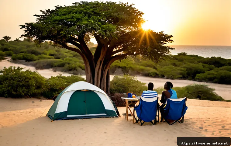 Home 17 세네갈에서 캠핑 가능한 곳 - Photorealistic coastal campsite on Senegal’s Petite Côte near Popenguine, a simple canvas tent and t...